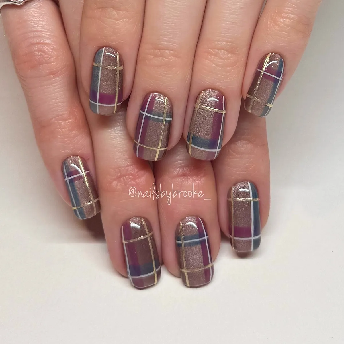 Shimmery taupe plaid with purple and blue blocks