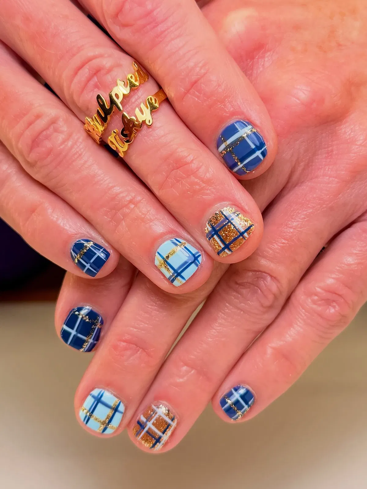 Blue plaid with gold glitter lines