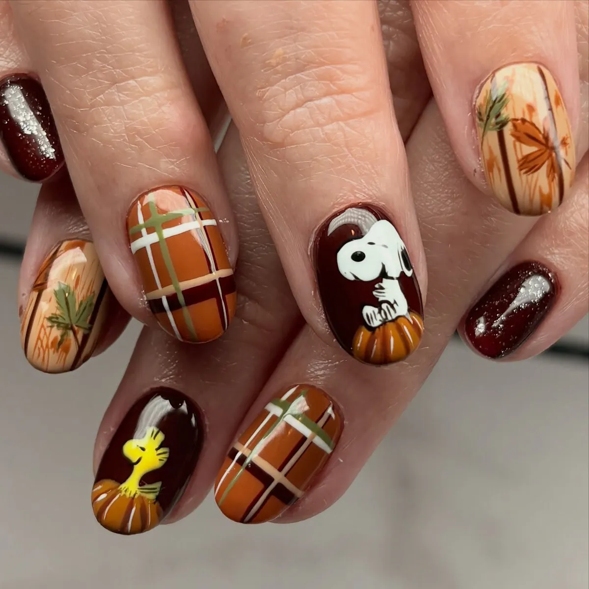 Orange plaid with character and leaf accents
