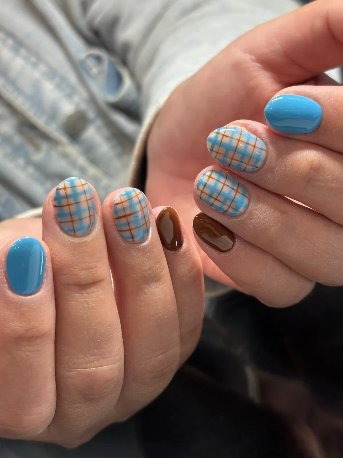 Light blue plaid with solid blue and brown accents