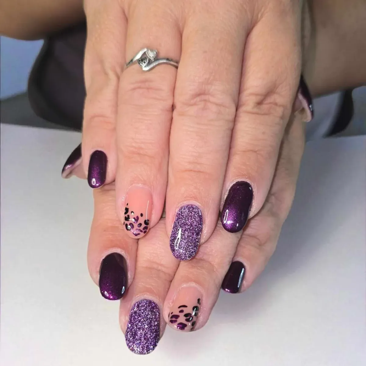 Deep plum mix with leopard-print and glitter accents