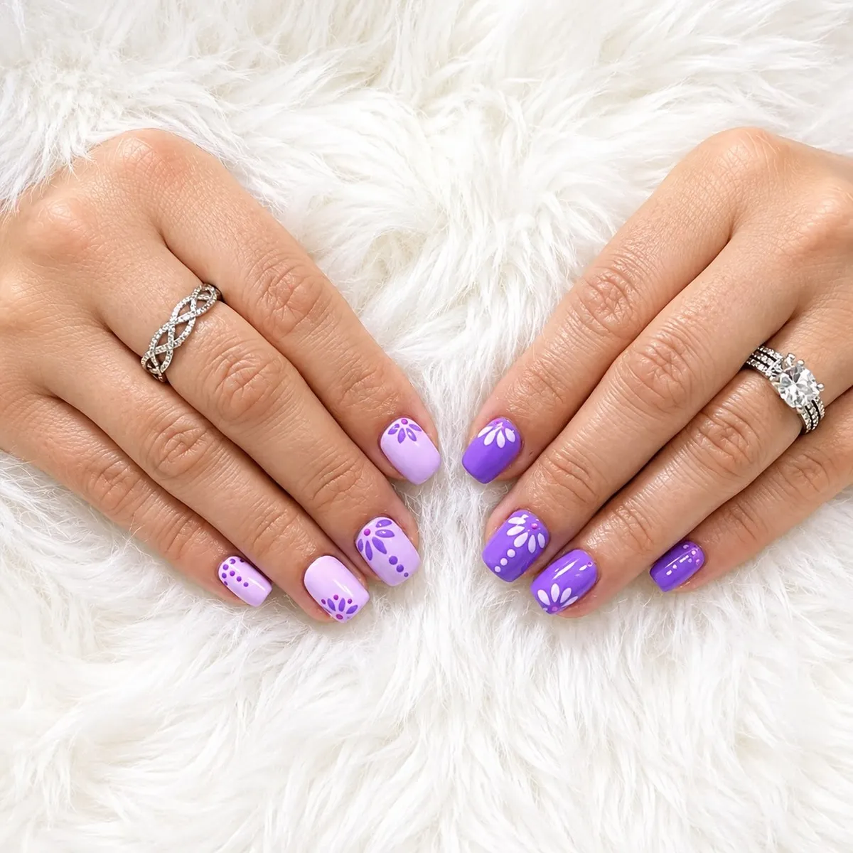 Lavender and purple with white petal-and-dot floral motifs