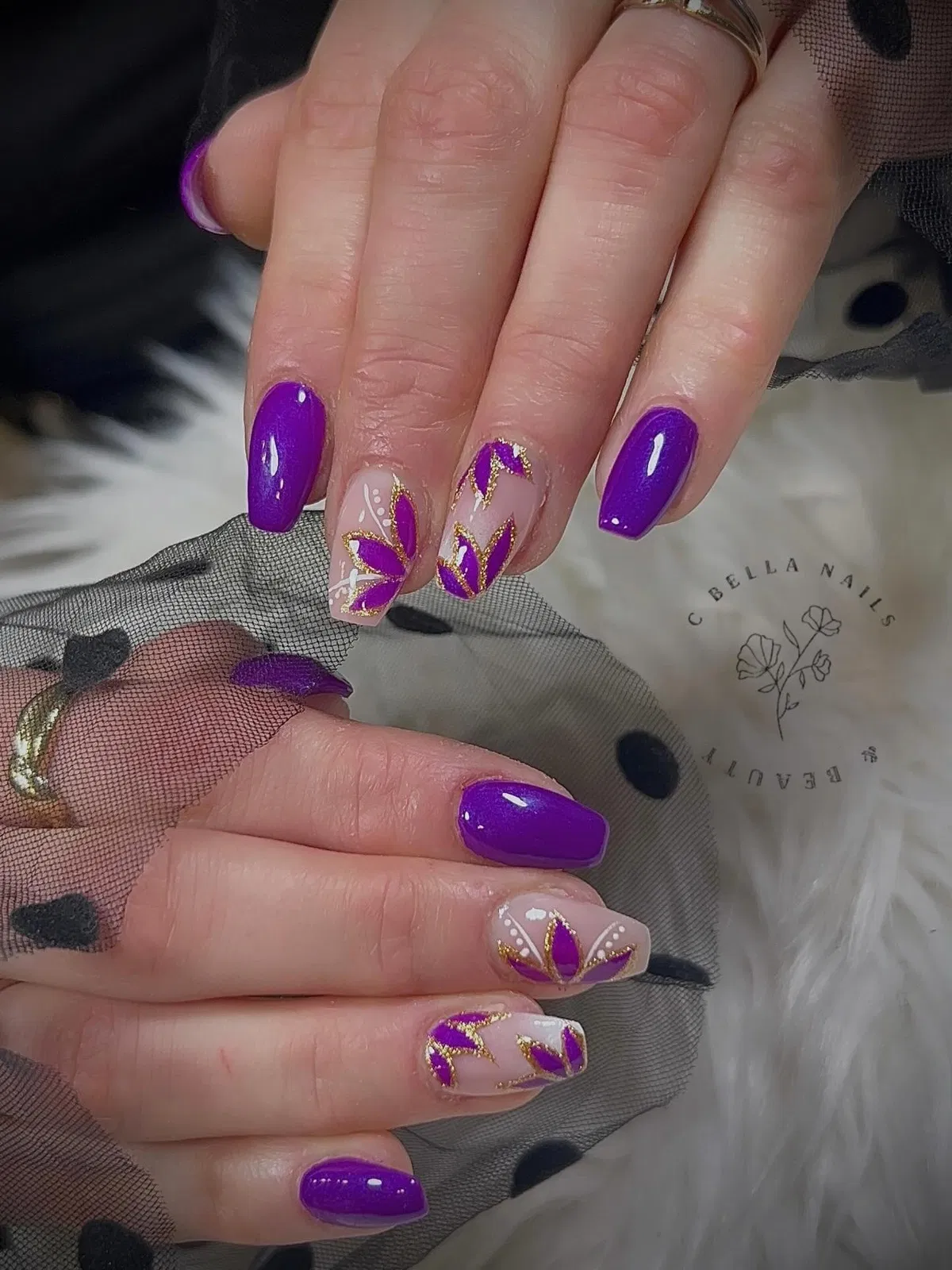 Bright Purple with Nude Petal-and-Glitter Accents