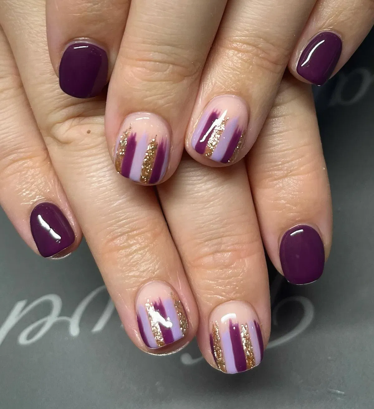 Deep Plum with Nude-and-Gold Vertical Accents