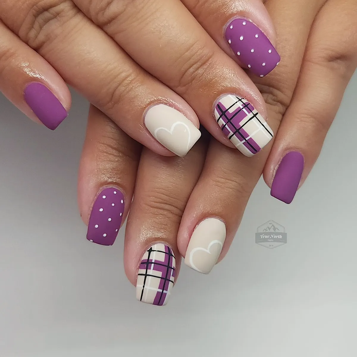 Matte Purple and Cream with Plaid, Dots, and Heart Outline