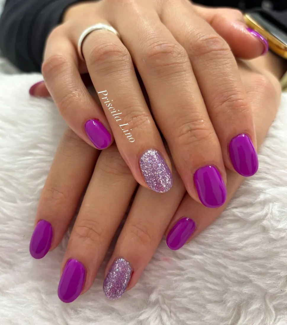 Bright purple gloss with silver glitter accents