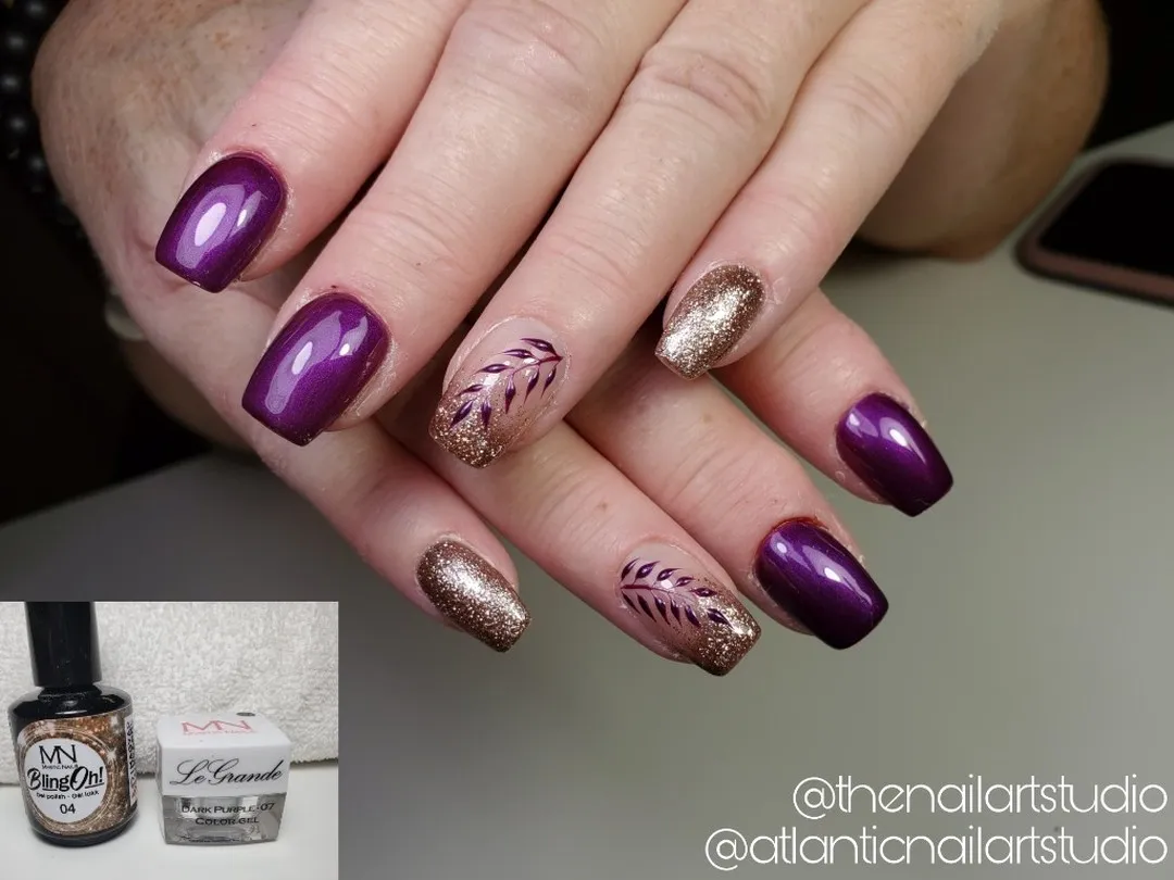 Glossy plum with gold glitter and leaf line art