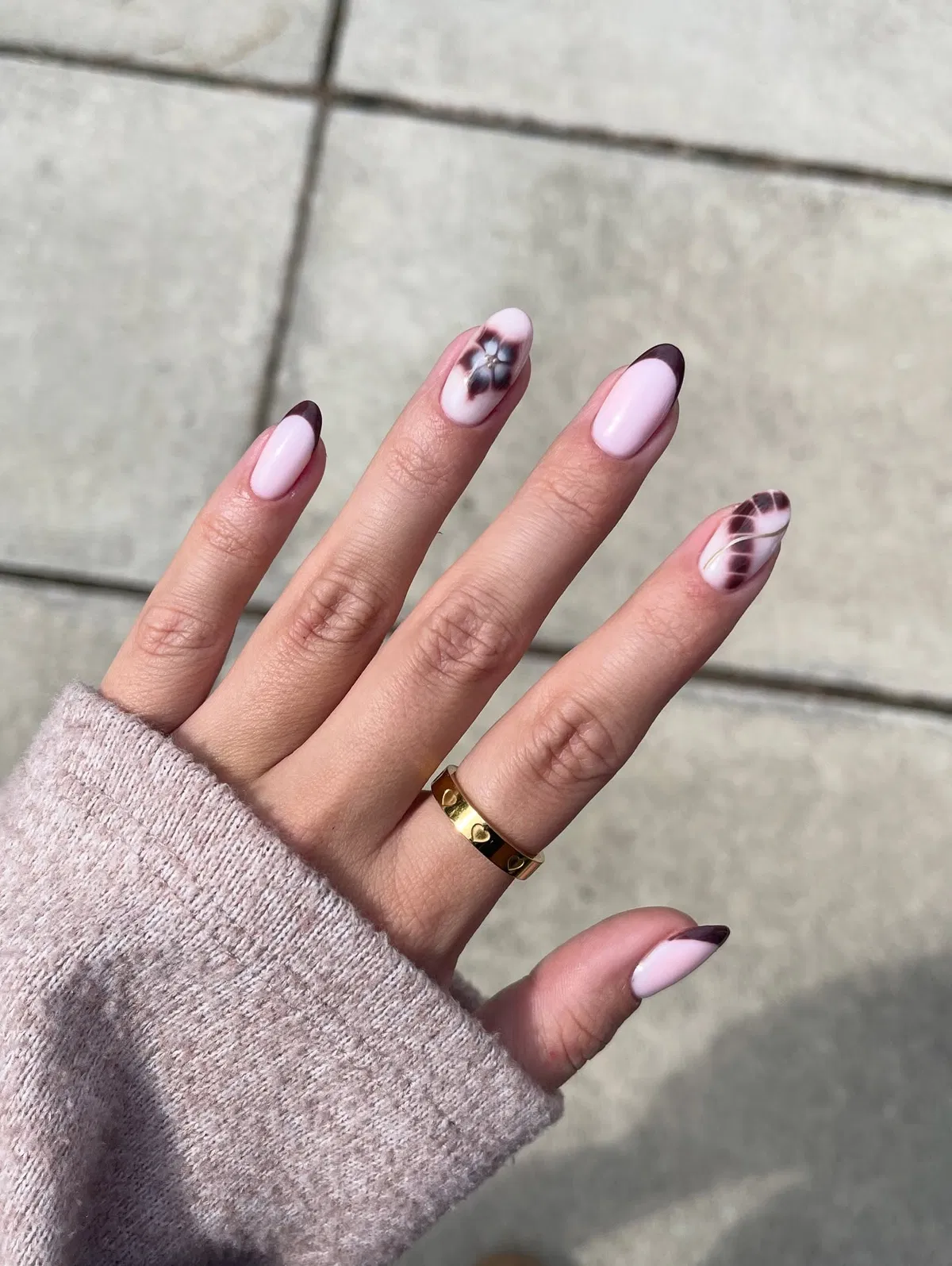 Pale Pink Base with Plum French Tips and Floral Accents