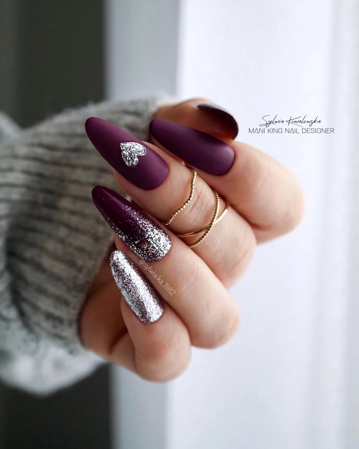 Matte plum with silver glitter and a heart accent