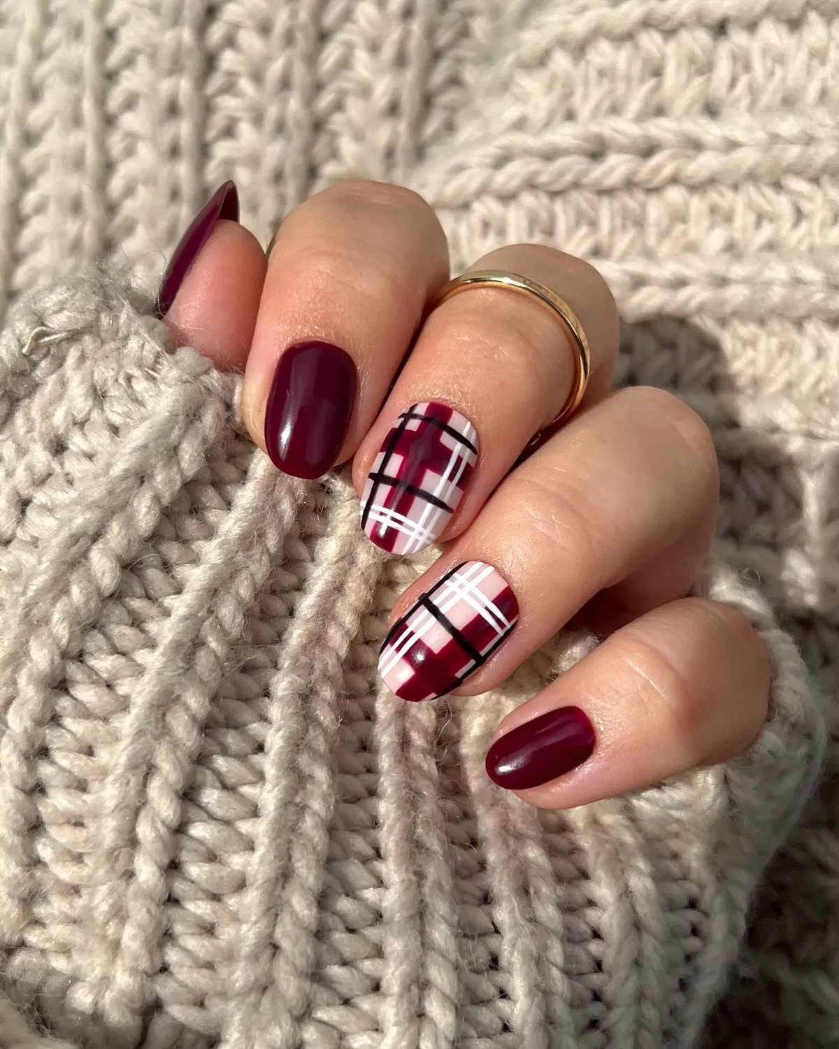 Deep plum with burgundy plaid accent nails