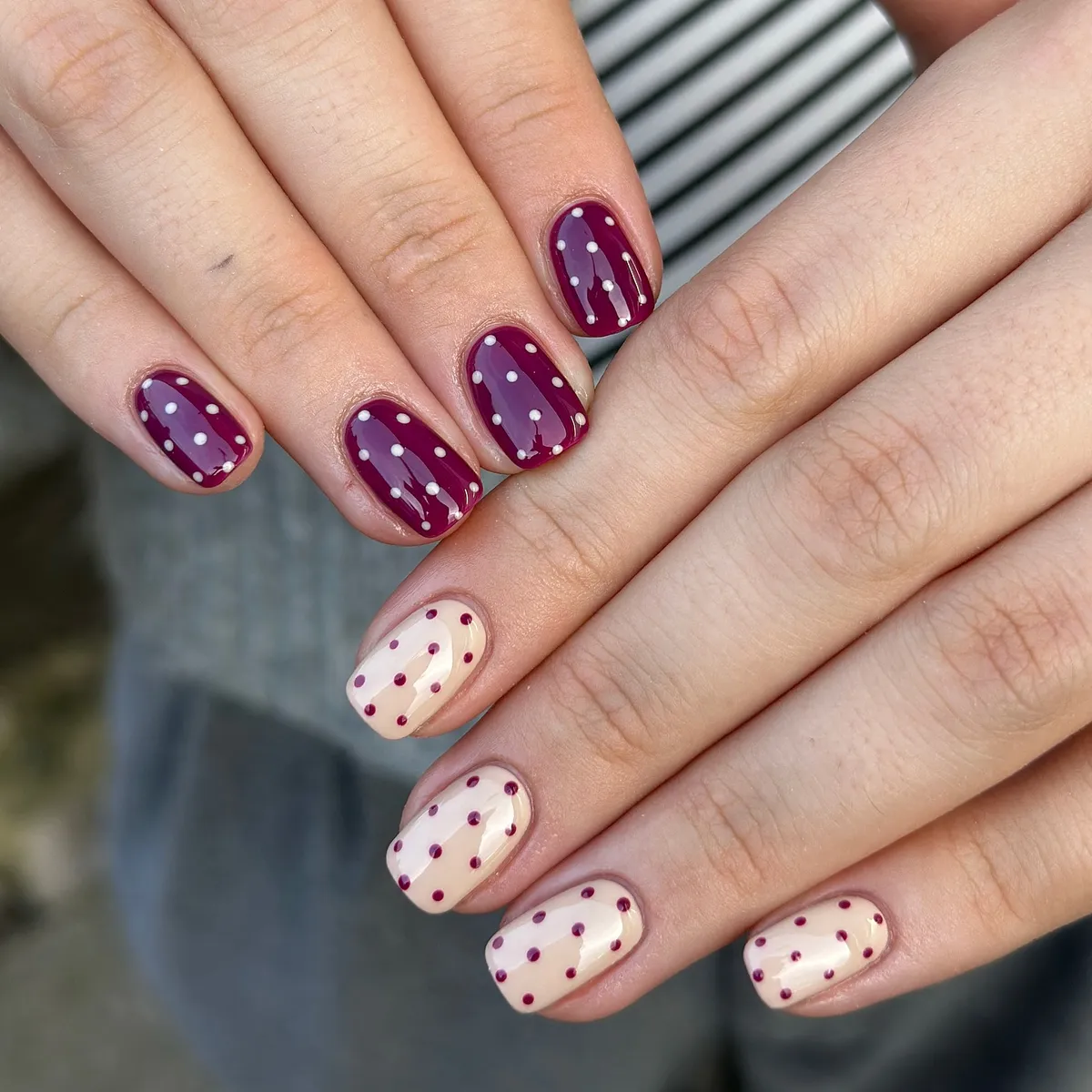 Plum-and-nude polka dot mix
