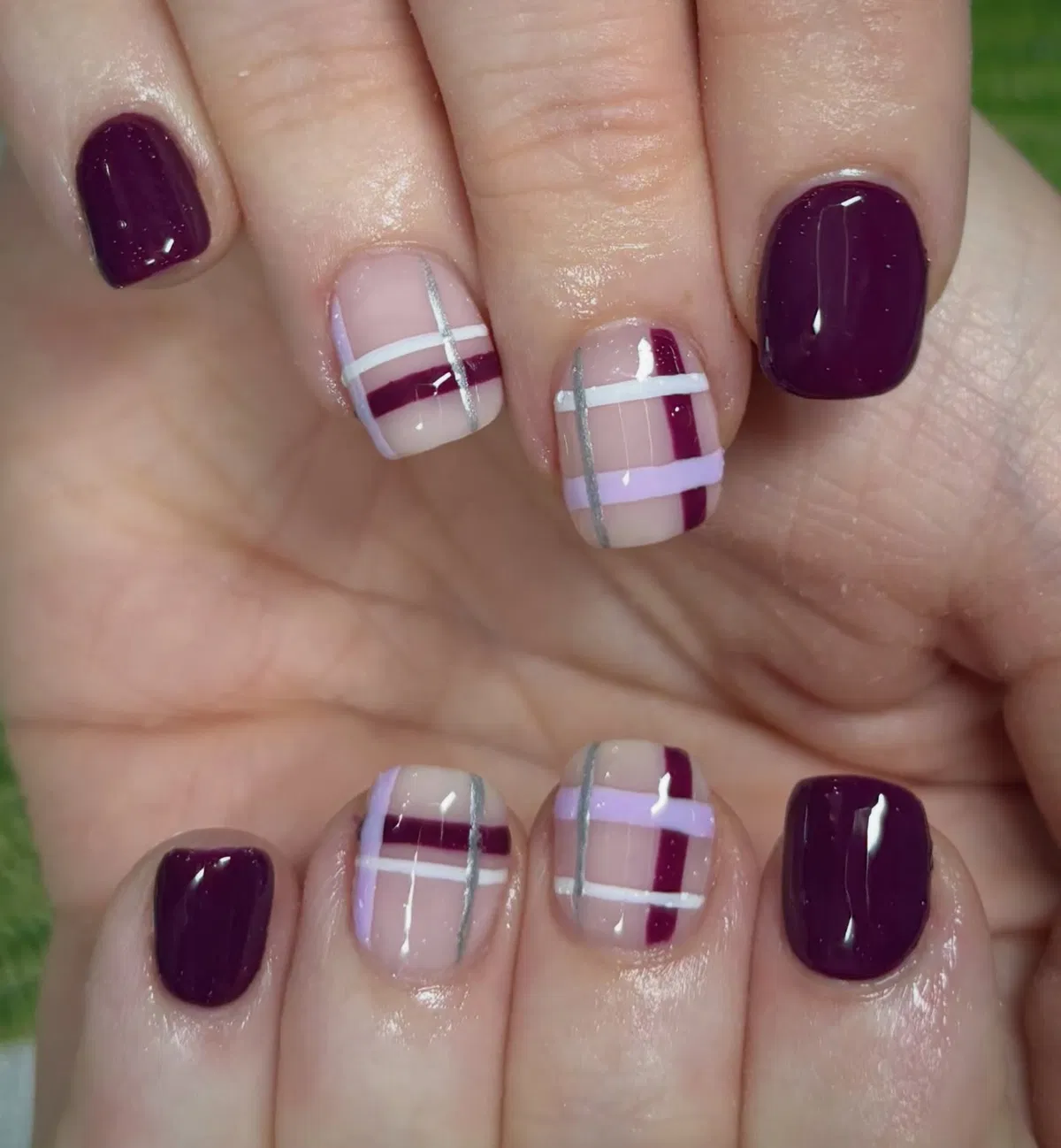Plum solids with nude plaid accents