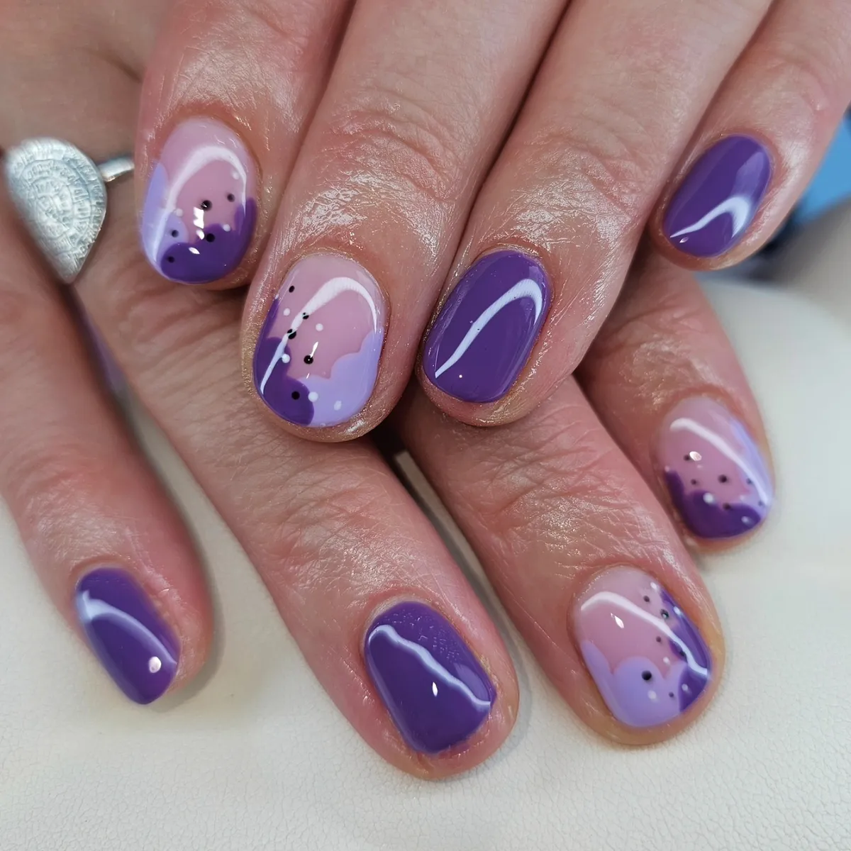 Medium purple solids with pink-lavender abstract accents and dots