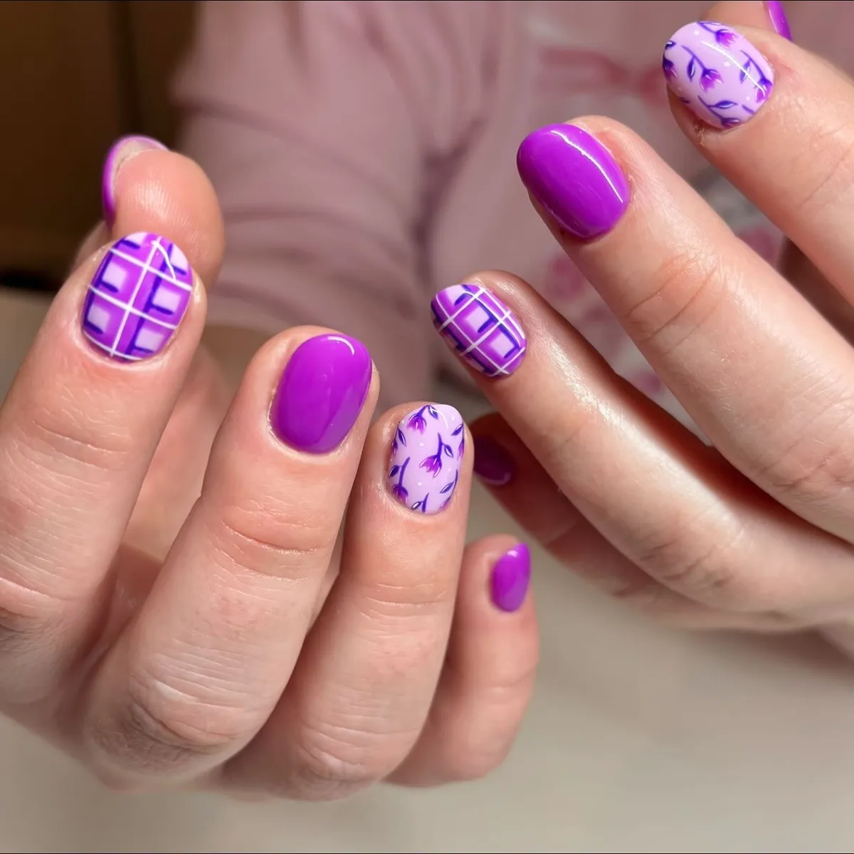 Bright purple with plaid-style grid and leaf accents