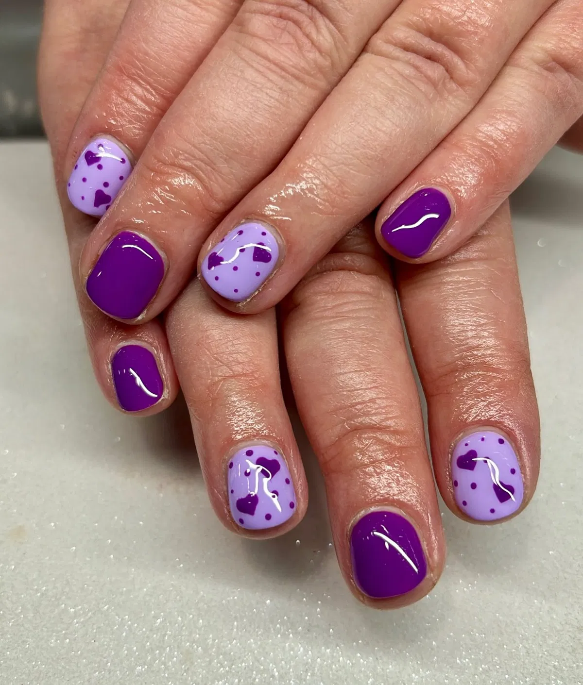 Bright purple solids with lavender heart-and-dot accents