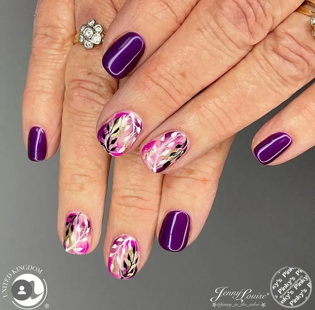 Deep purple solids with pink-white abstract accents and gold streaks