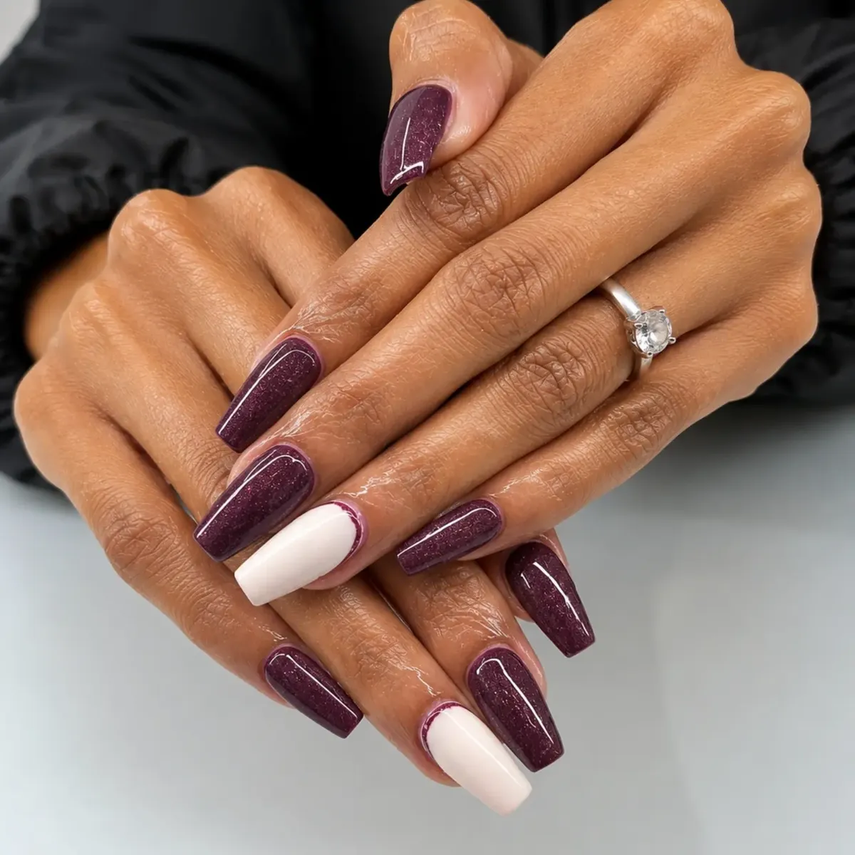 Deep plum shimmer coffin nails with white accents