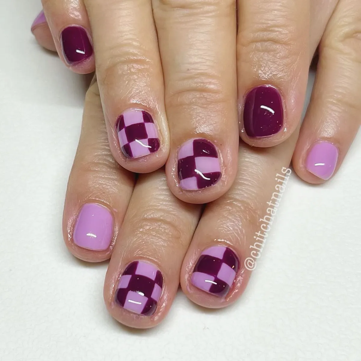 Plum and Lavender Checkerboard Nails