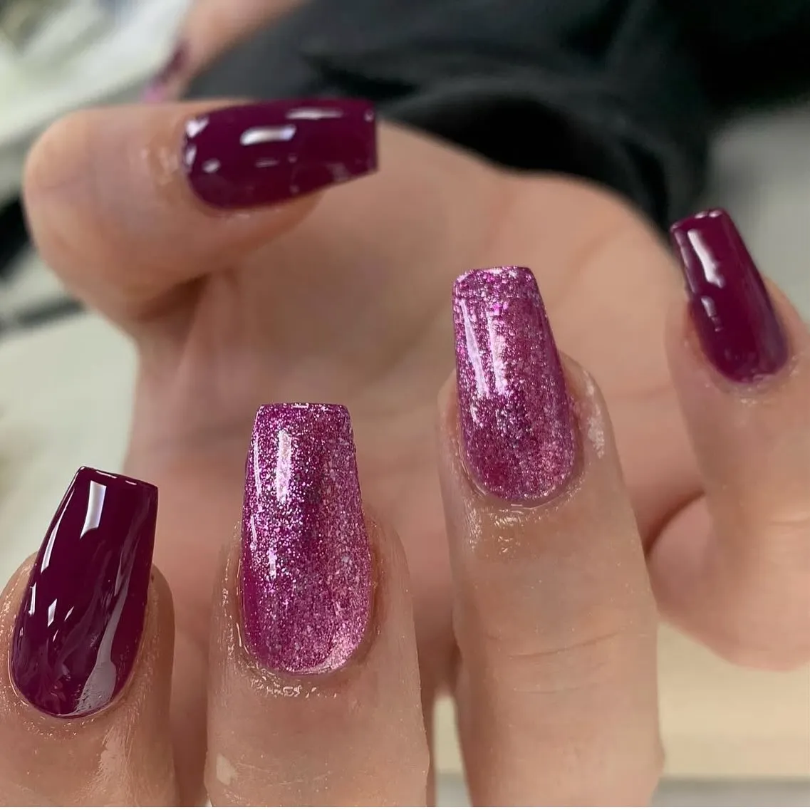 Deep wine solids with dense pink glitter accents