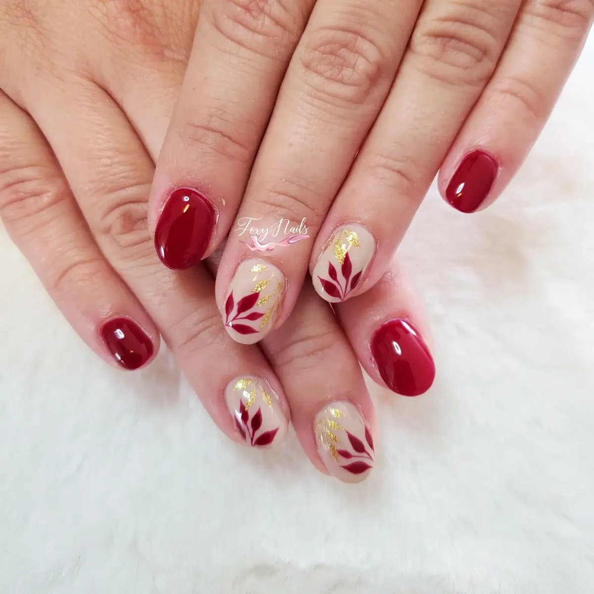 Deep red with nude leaf-and-gold accents