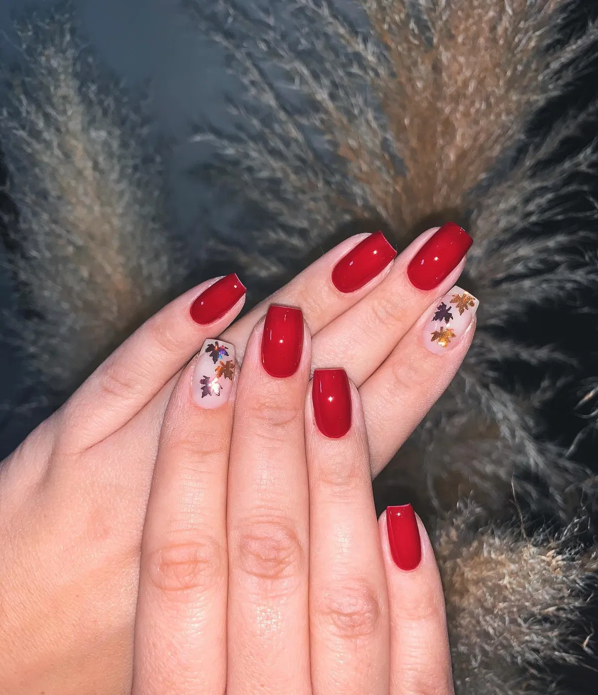 Glossy Red with Metallic Leaf Accents