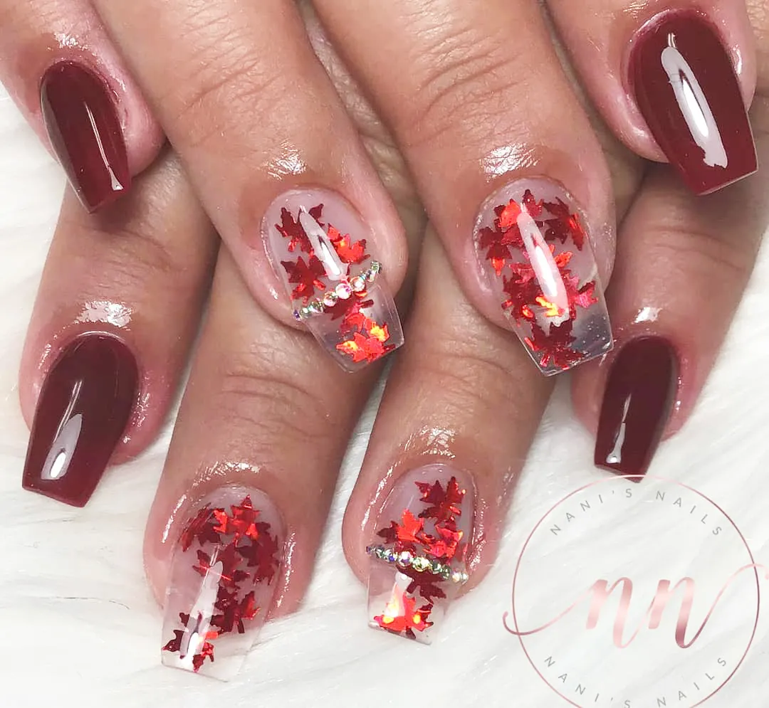 Dark red solids with clear leaf-filled accents