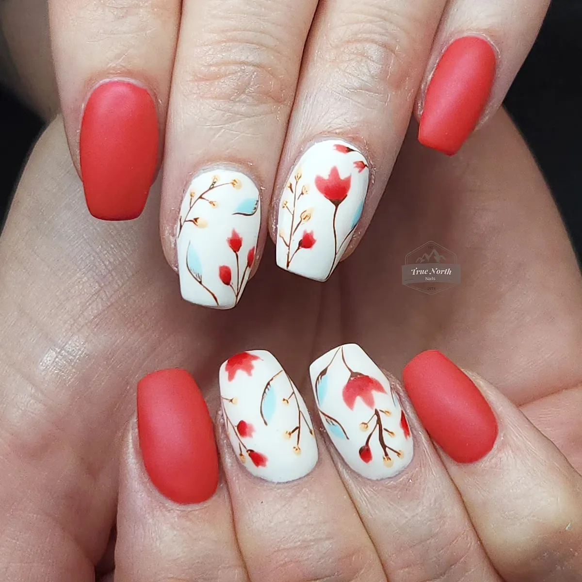 Matte red with white botanical accents