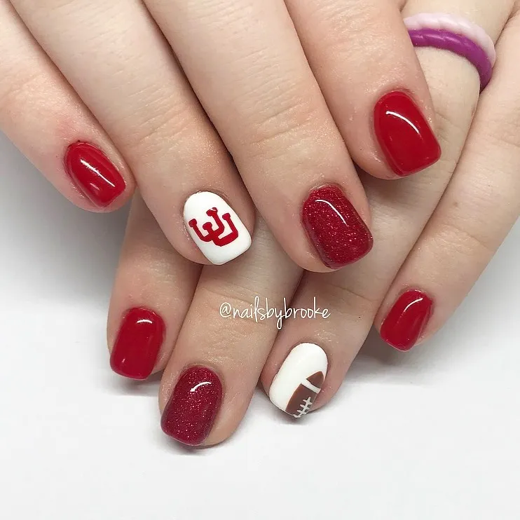 Deep red and white accents with 'IU' and football icon