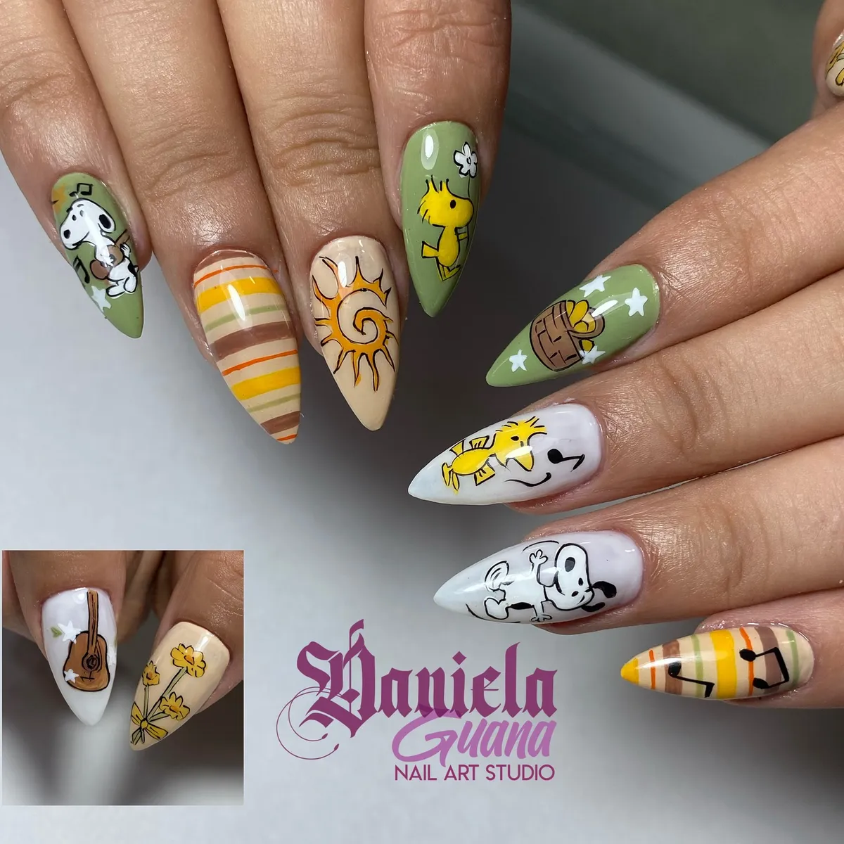 Long stiletto mix: green stars, stripes, and cartoon character art