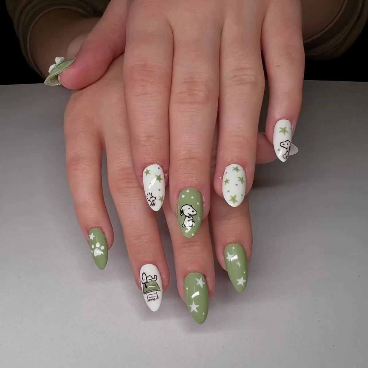 Sage green and white stars with cartoon dog and paw print accents