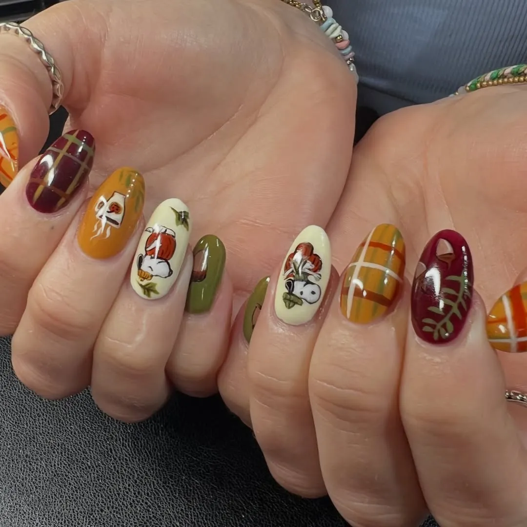 Plaid fall palette with pumpkin-themed cartoon accents