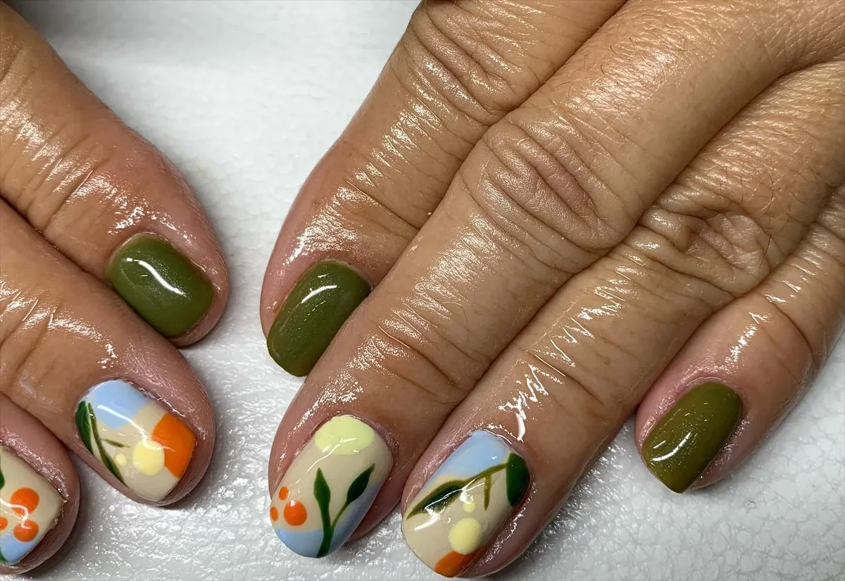 Olive green with color-block botanical accents
