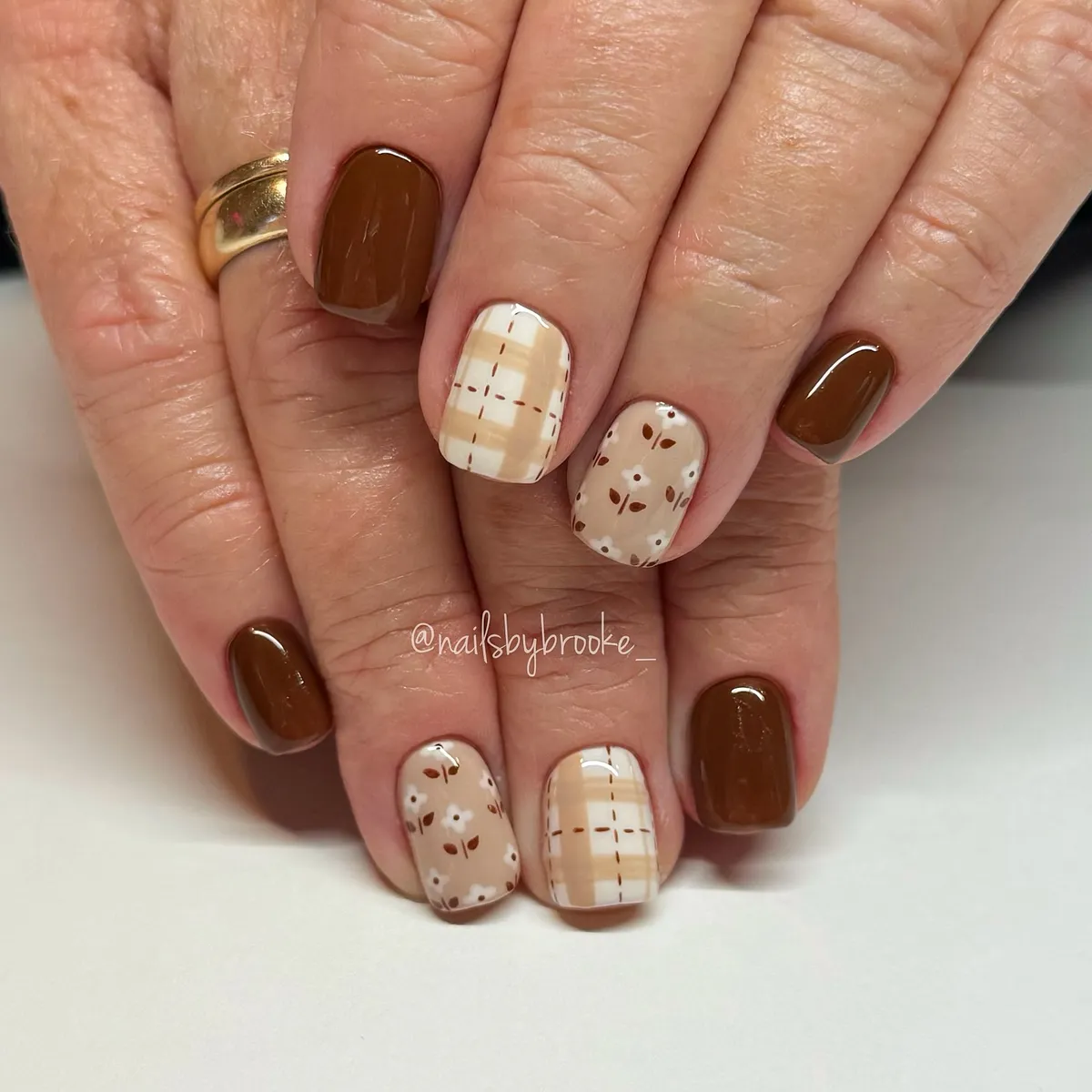 Brown solids with cream plaid and small florals