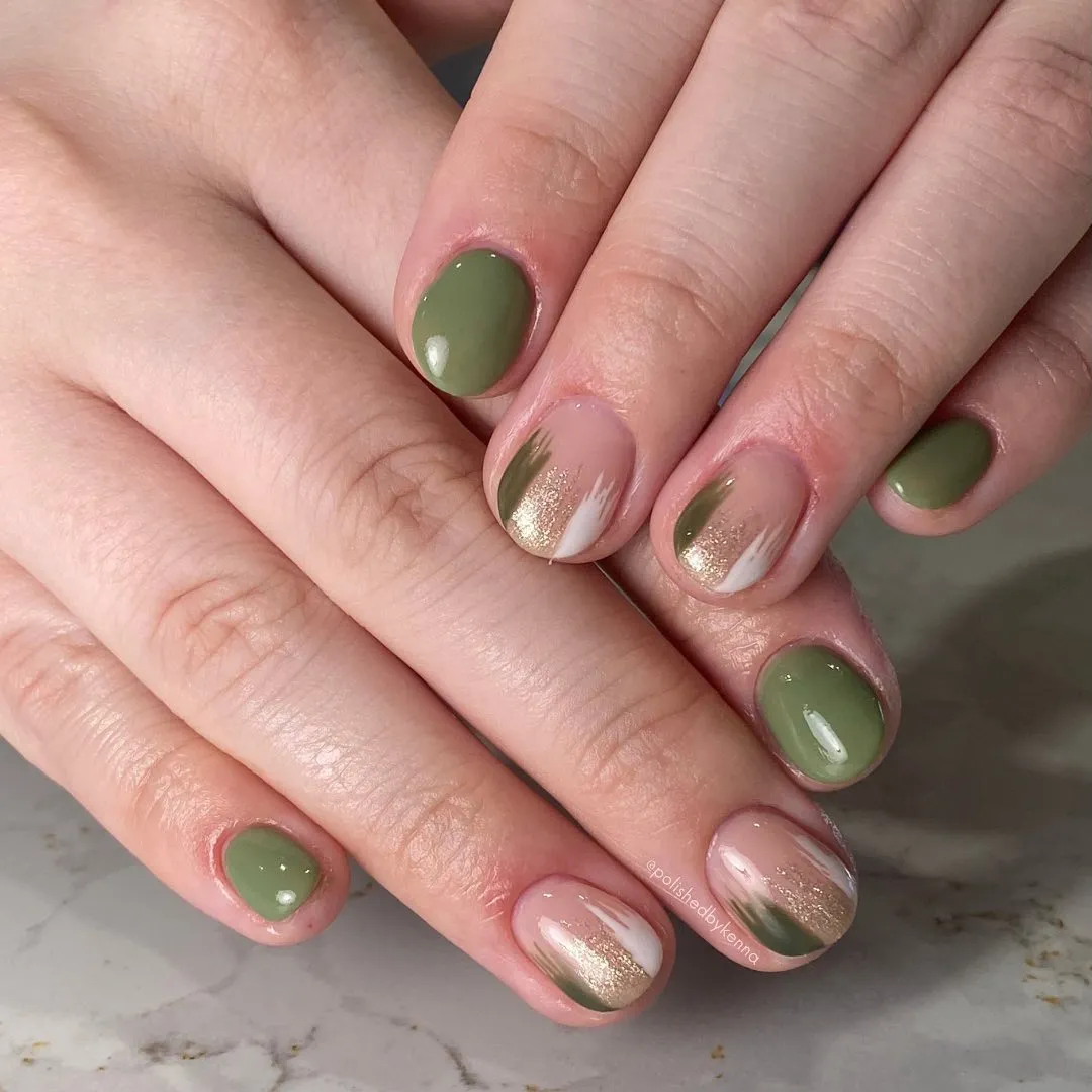 Muted olive with nude-and-gold brushstroke accents