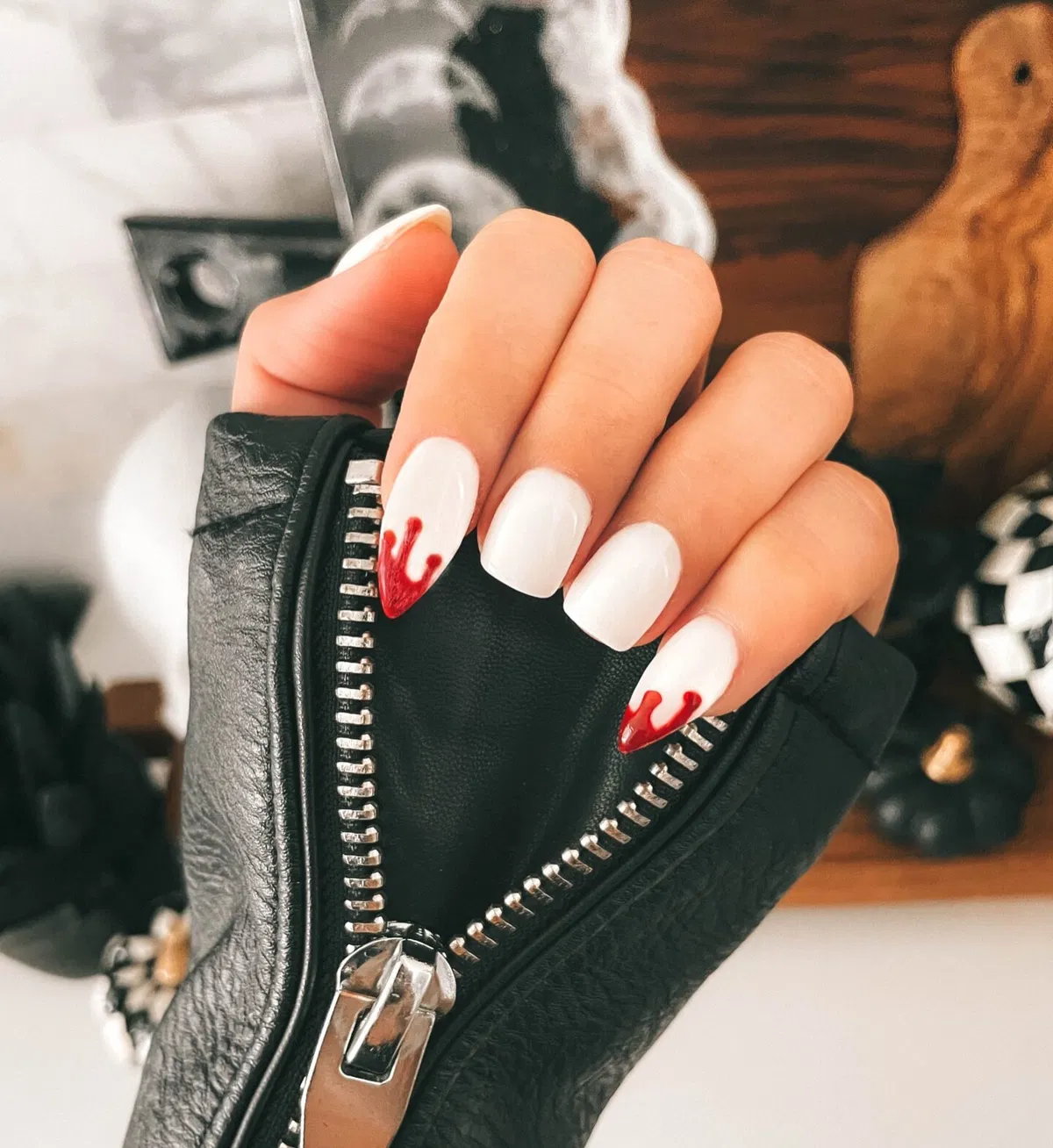 White Nails with Red Drip Tips