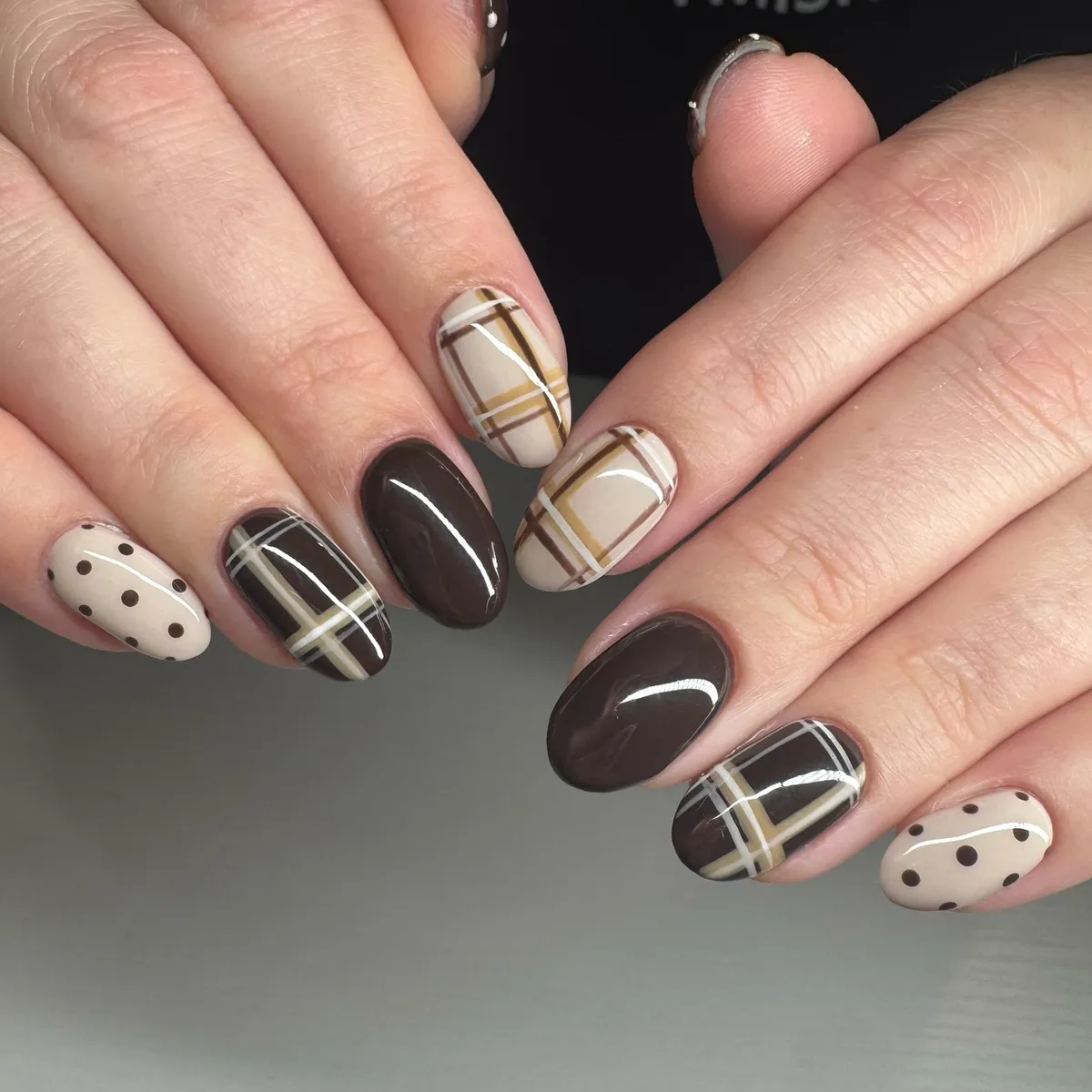 Chocolate brown and cream plaid with polka dots