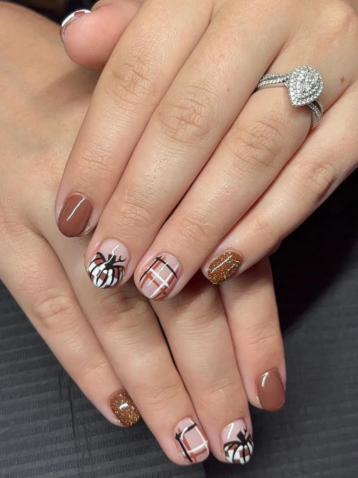 Brown solids with plaid, glitter, and pumpkin art