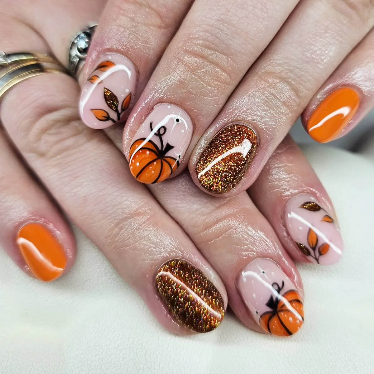 Orange solids with pumpkin and leaf art
