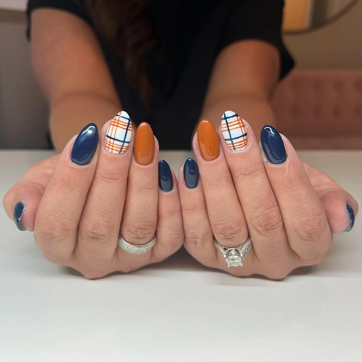 Navy and Orange with Plaid Accents