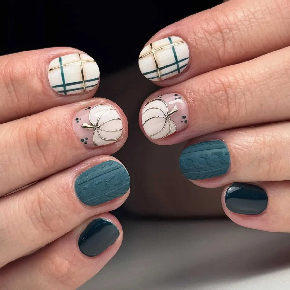 Green plaid, pumpkin outlines, and textured teal