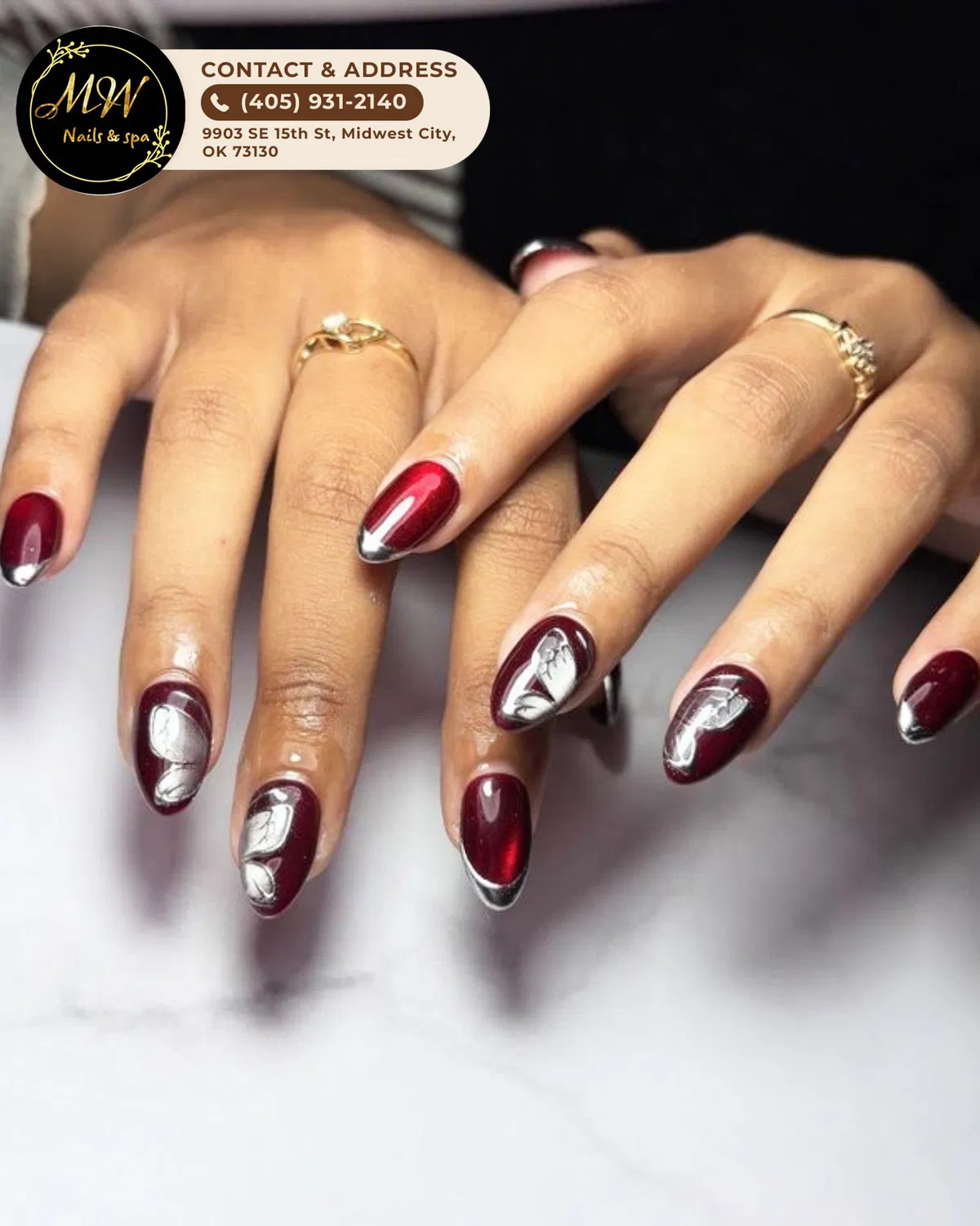 Burgundy and silver metallic accents