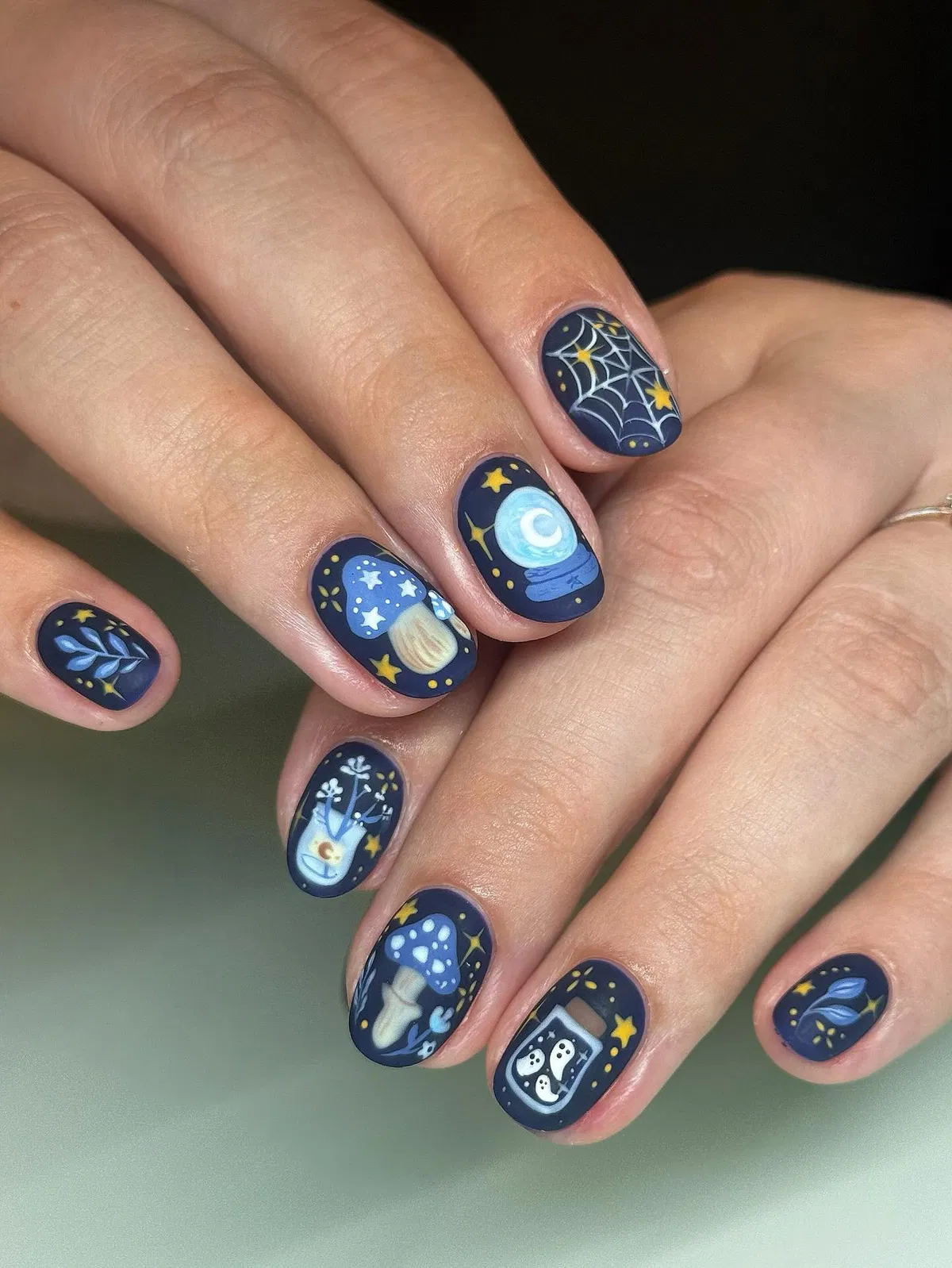 Navy illustrated set with mushrooms, jar, crystal ball, and web