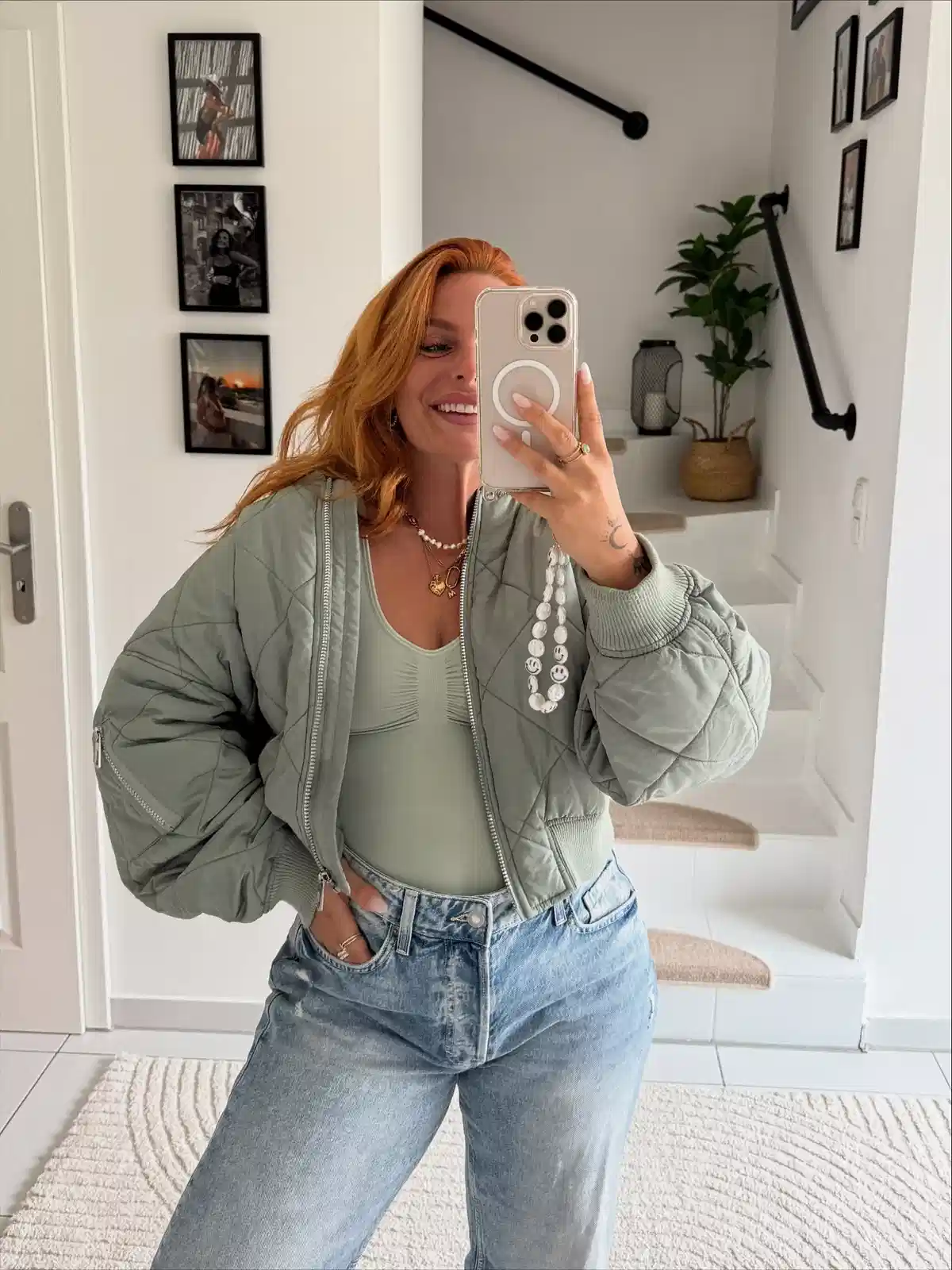 Sage quilted jacket with light-wash jeans