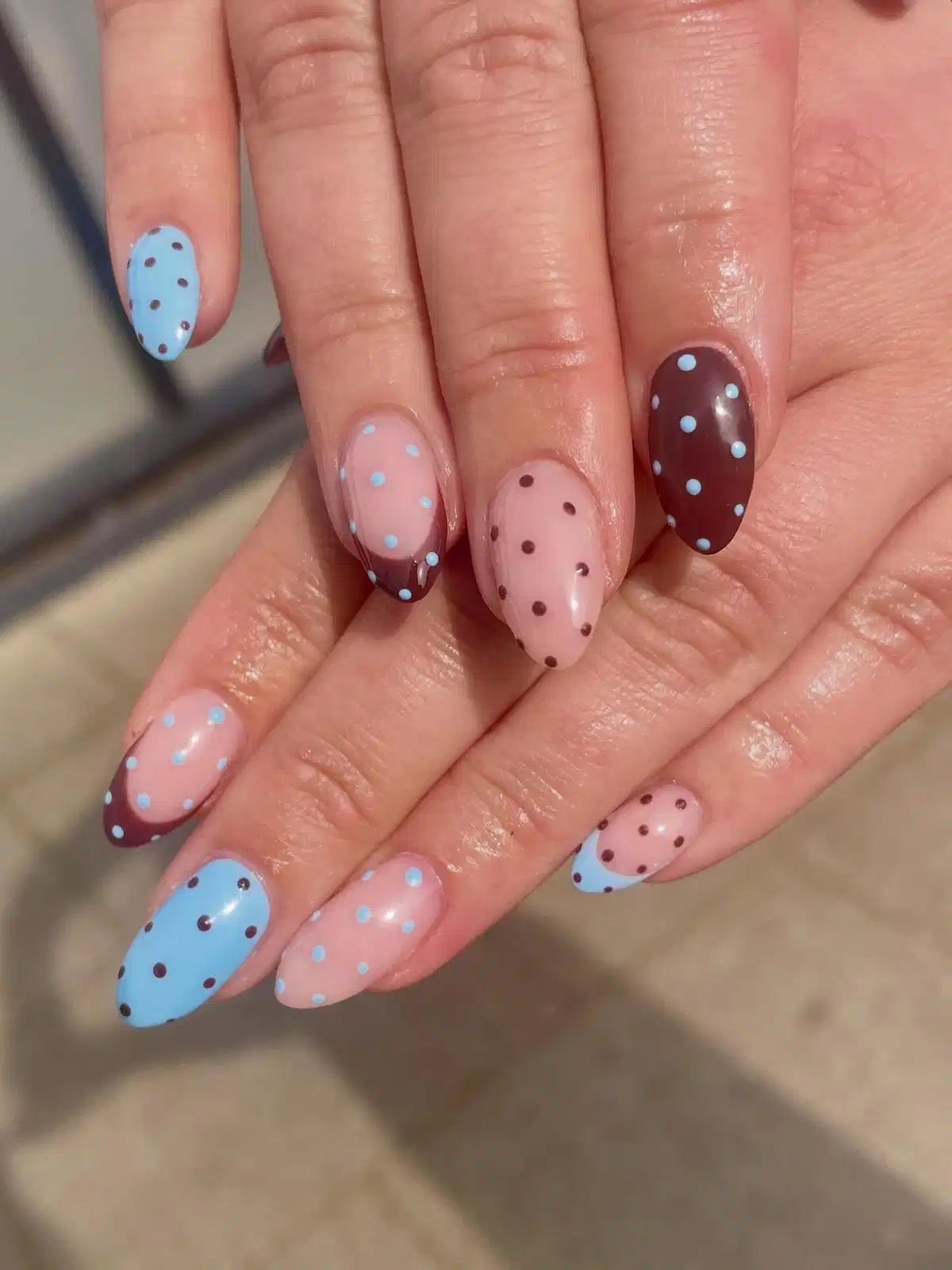 Polka-dot mix: light blue, nude pink, and dark brown