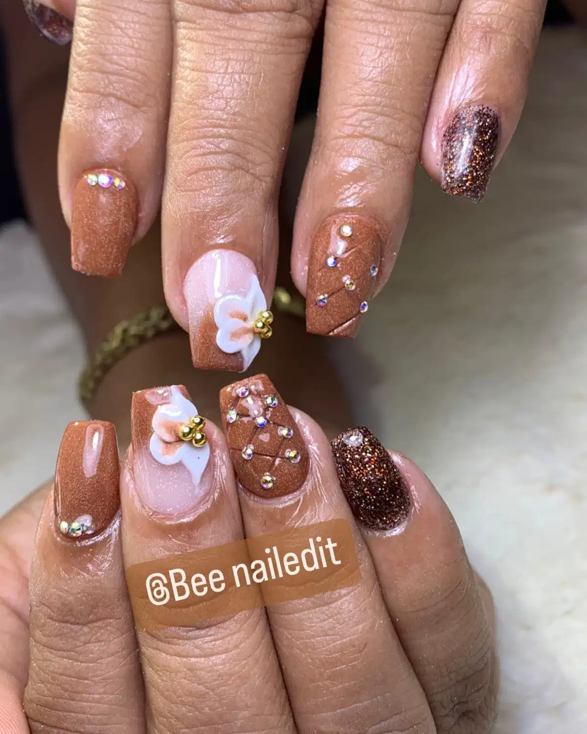 Shimmery brown squares with rhinestones and 3D flowers