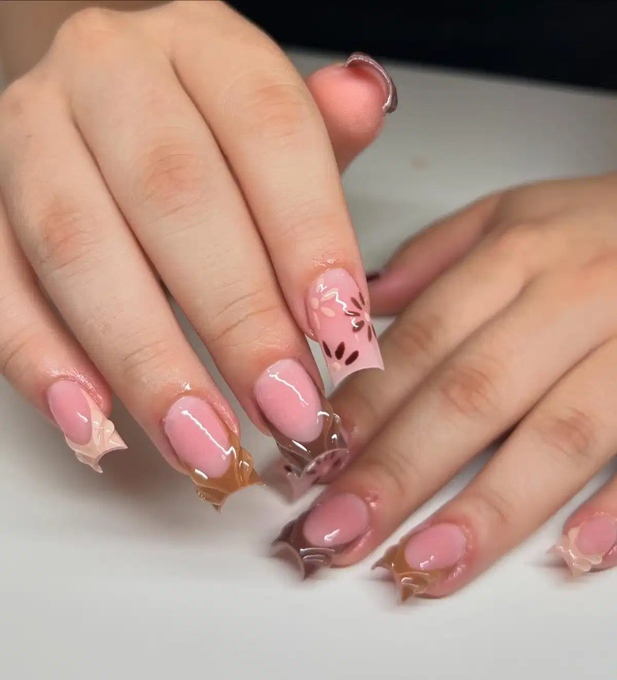 Soft nude pink with translucent brown French tips
