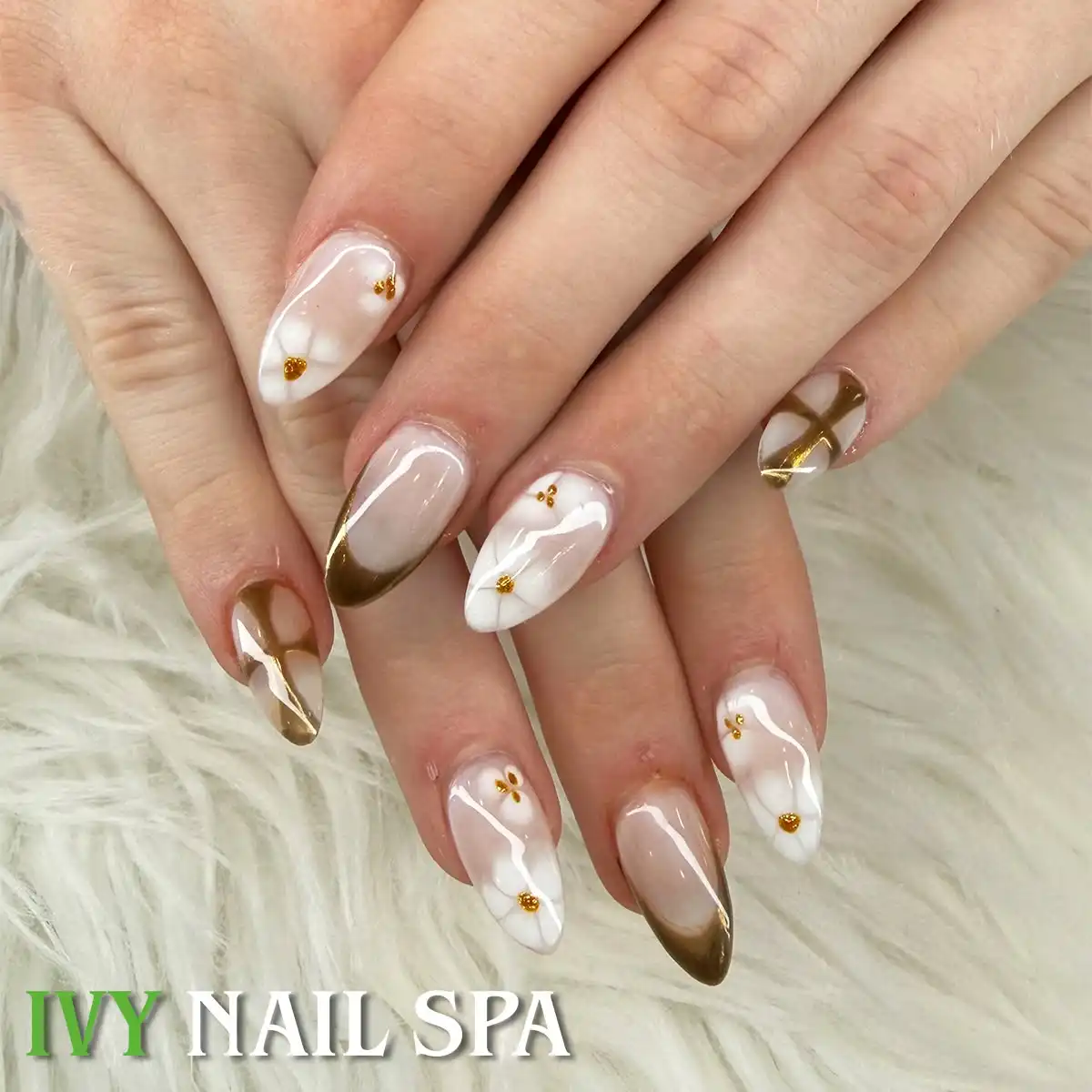 White, nude, and brown with gold striping