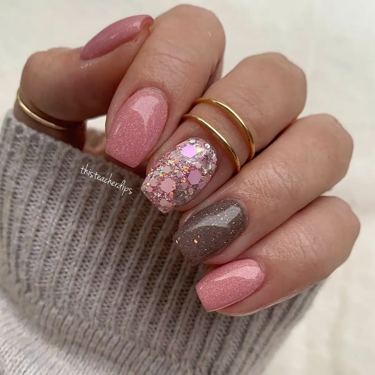 Shimmery pink and taupe with chunky glitter accent