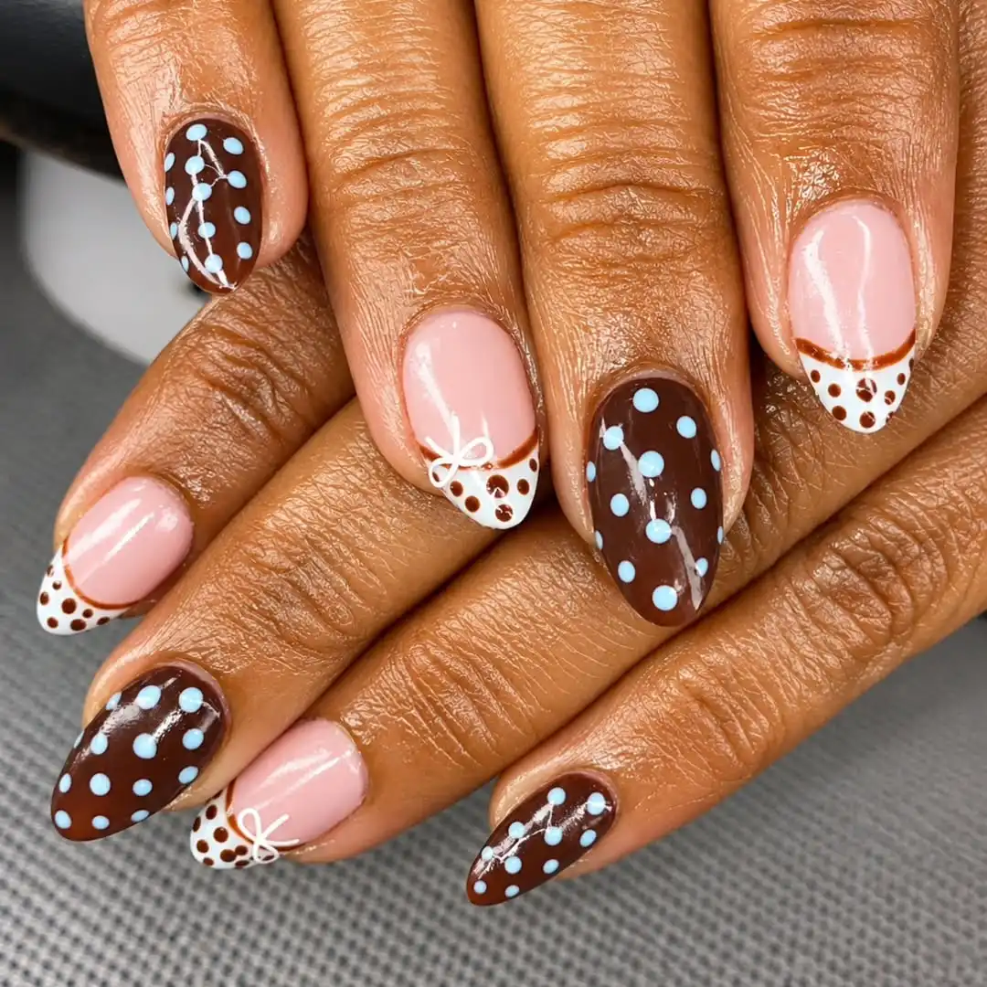 Brown and White French Tips with Polka Dots and Light-Blue Accents