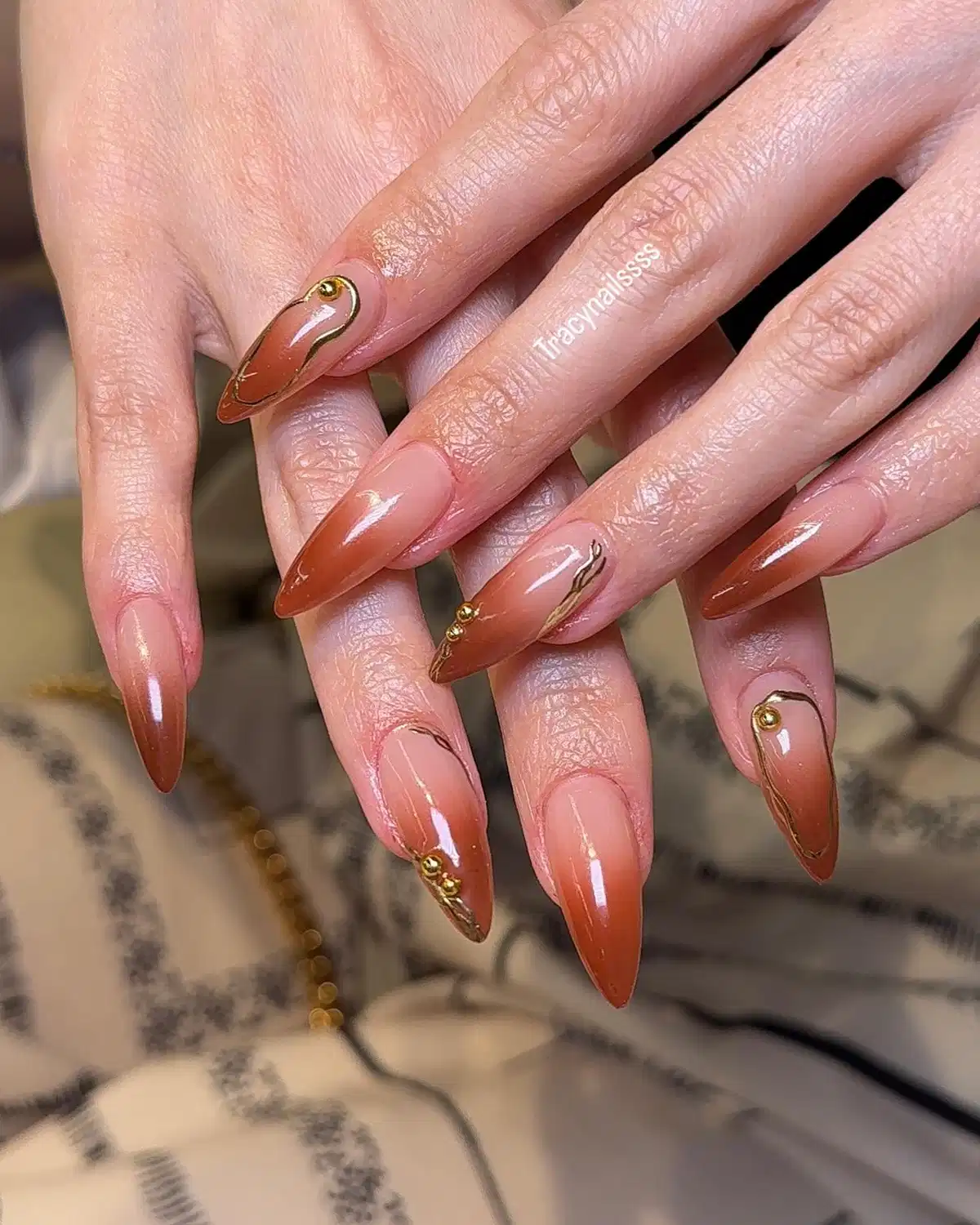 Stiletto Brown Ombre Nails with Gold Linework